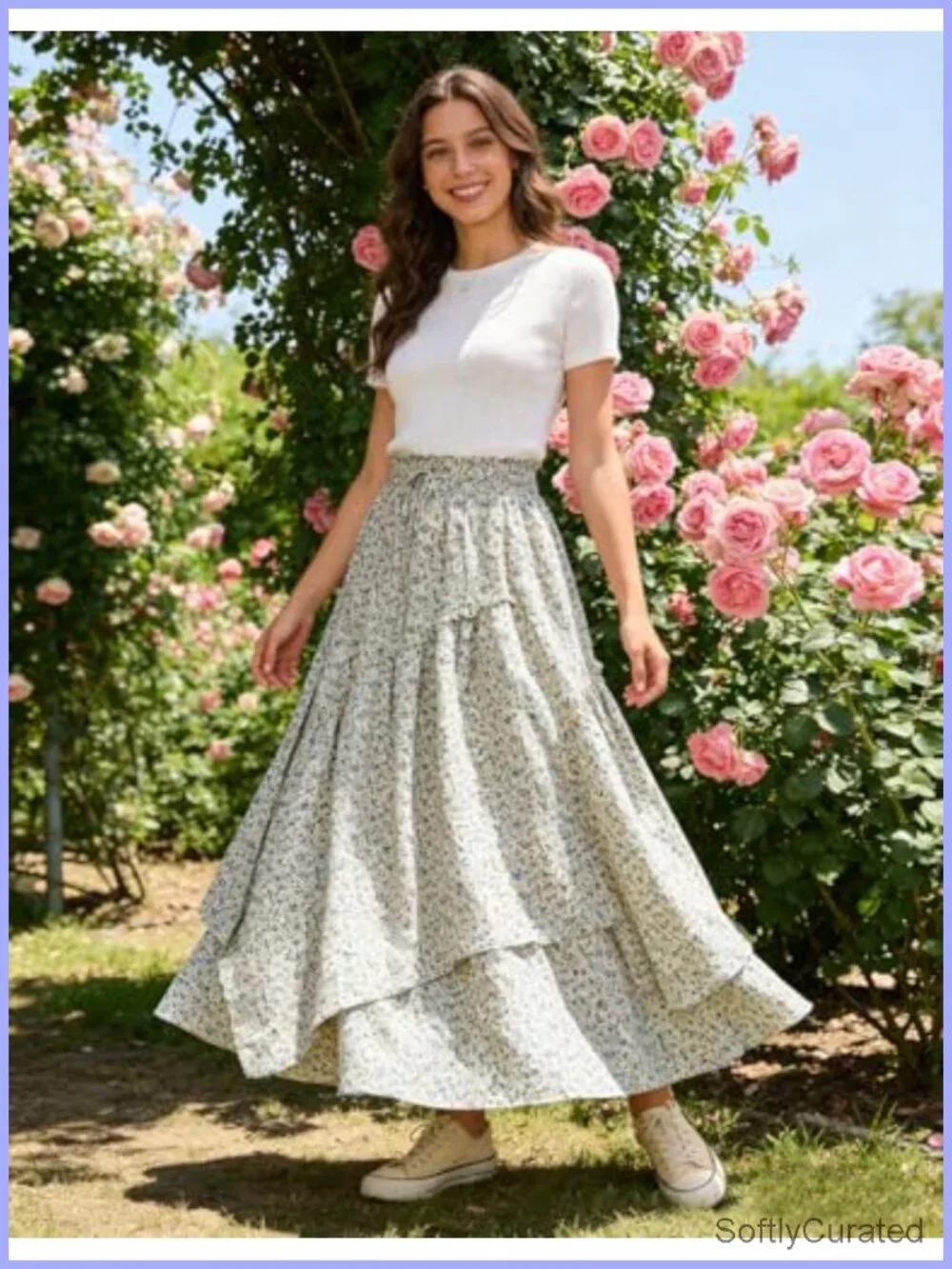 Women's Floral Maxi Skirt A-Line Elastic Waist, Layered Hem, Pockets,